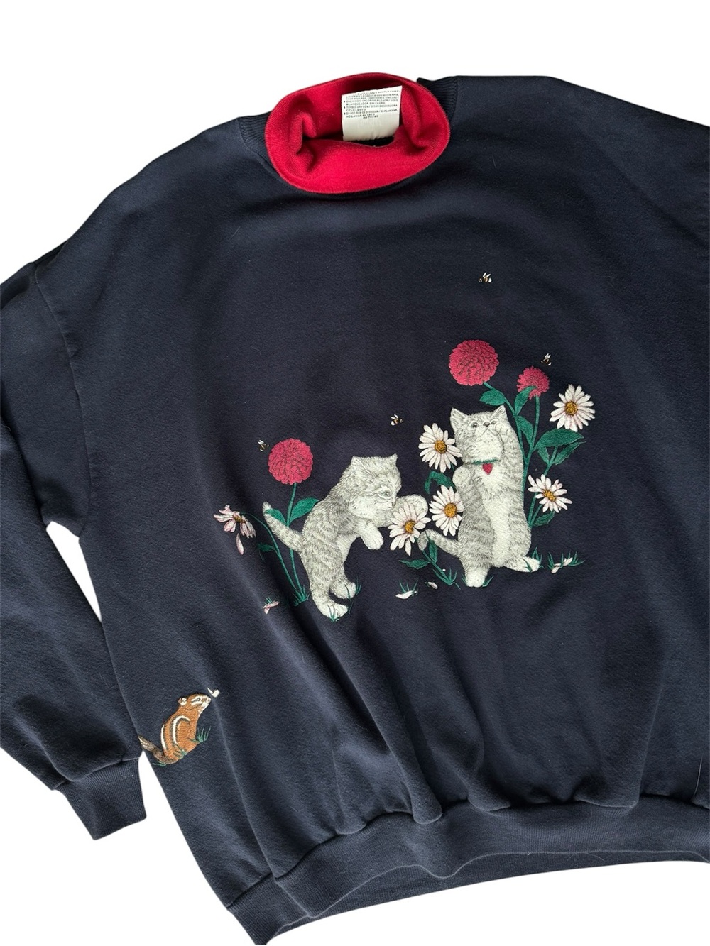Vintage XL Cat Sweatshirt Mock Neck Floral Kittens Grandmacore Cottagecore - Picture 5 of 10